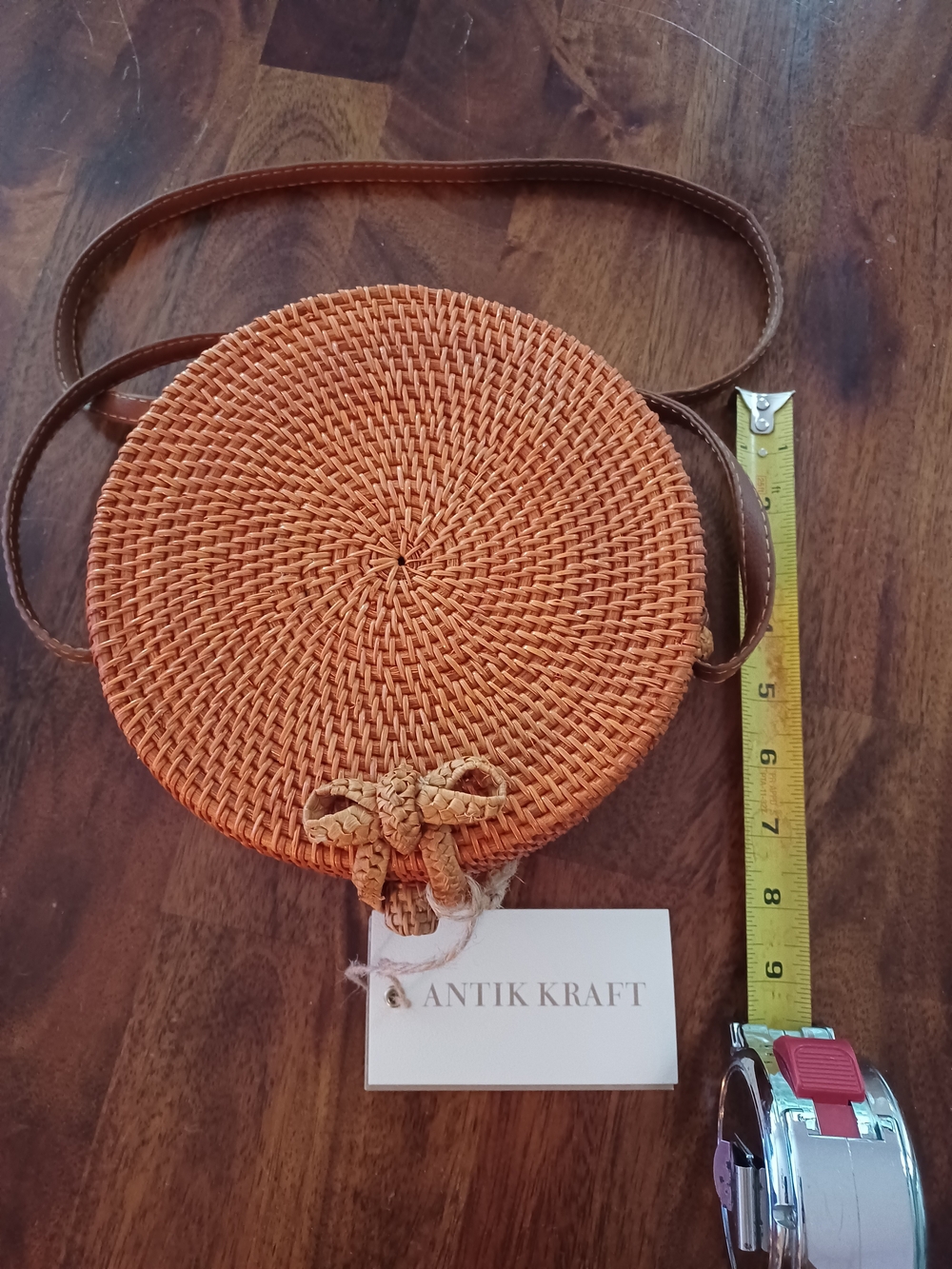 Antik Kraft Orange Round Woven Crossbody with Brown Strap